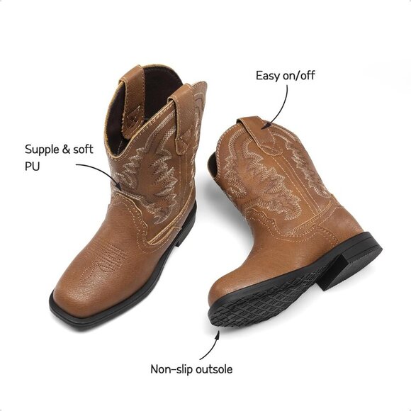 🆕 Men Brown Western Cowboy Boots Toddler Square Toe Riding Mid Calf Shoes - Picture 4 of 7